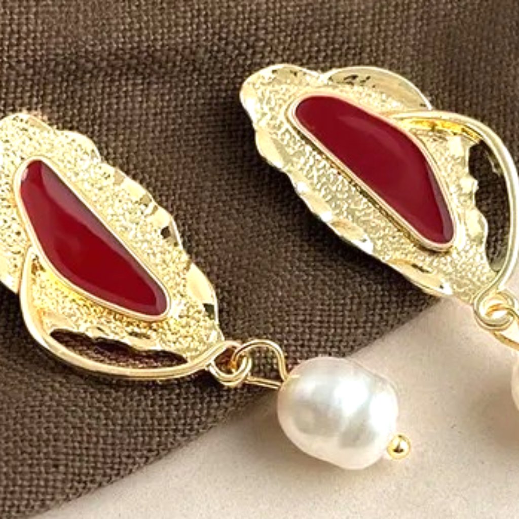 Abstract Long Earring Plum Enamel Inlay Freshwater Pearl Dangle Statement 28$